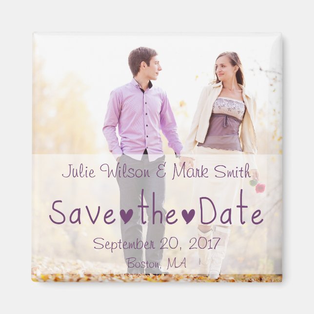 Purple Hearts Modern Photo Save the Date Magnets (Front)