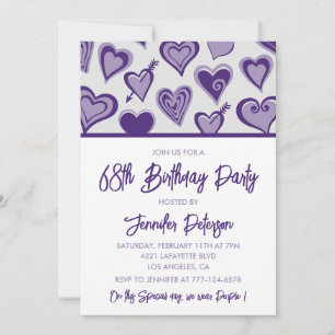 Purple Hearts  Night Out Girly 68th birthday Invitation