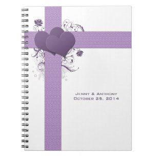 Purple Hearts on Damask Swirls Wedding Guest Book