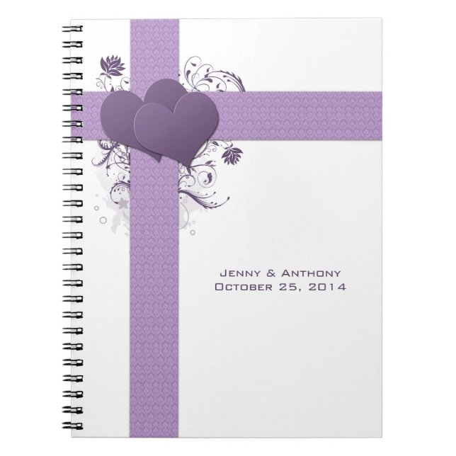 Purple Hearts on Damask Swirls Wedding Guest Book (Front)