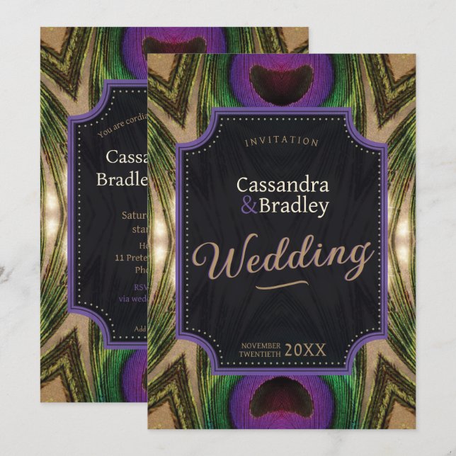 Purple Hearts Peacock Feathers Green Gold Glow Invitation (Front/Back)