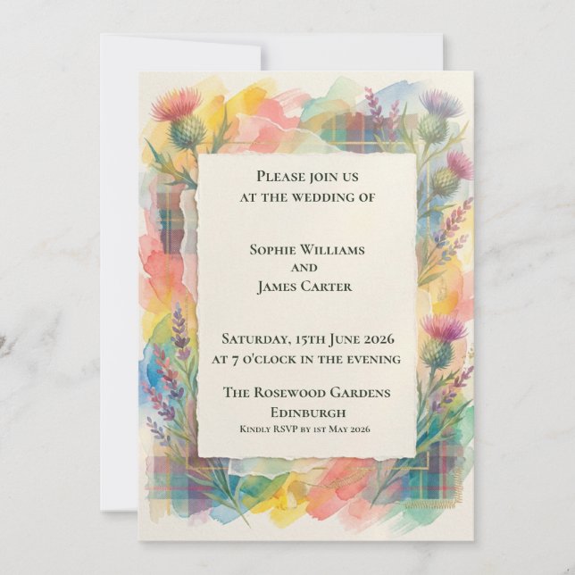 Purple Heather Tartan Wedding Invitation (Front)
