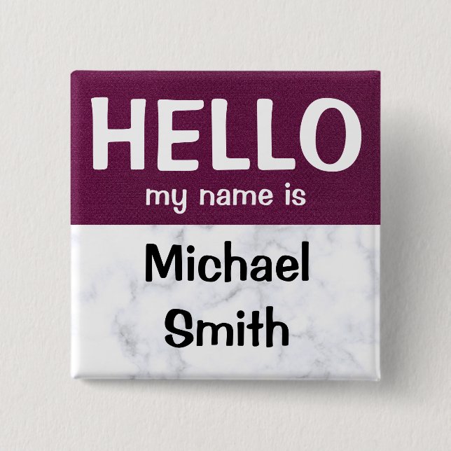 Purple hello my name is custom pin button (Front)