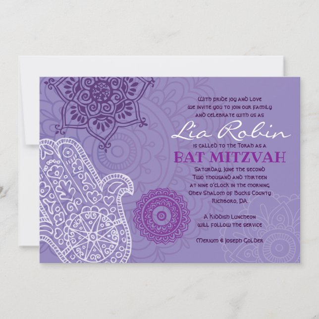 Purple HEMSA HAND of GOD Bat Mitzvah Invitation (Front)