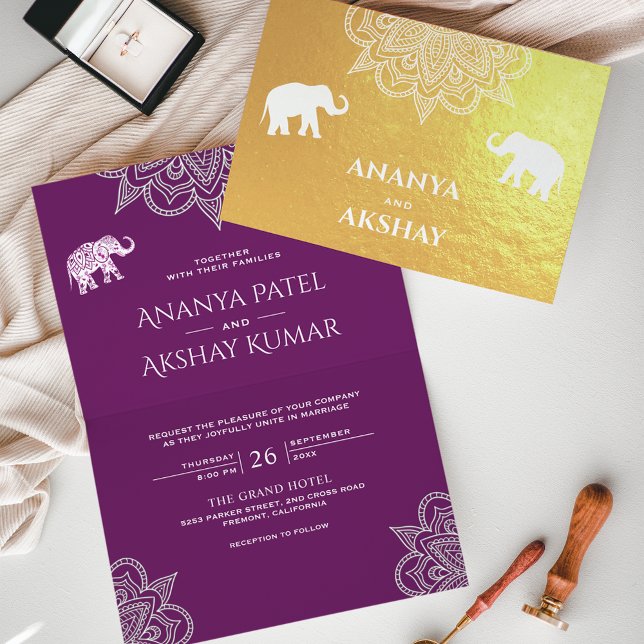 Purple Henna Elephant Indian Wedding Gold Foil Card (Creator Uploaded)