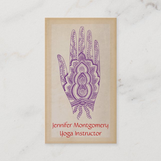 Purple Henna Hand Yoga Instructor Business Card (Front)