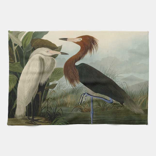 Purple Heron Audubon Bird Wildlife Painting Tea Towel (Horizontal)
