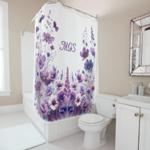 Purple Hibiscus Floral Monogram Shower Curtain