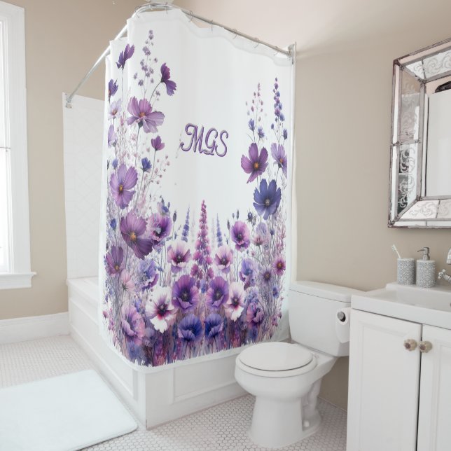 Purple Hibiscus Floral Monogram Shower Curtain (In Situ)