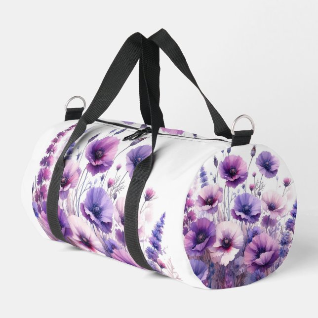 Purple Hibiscus Floral on White Duffel Bag (Left Corner)
