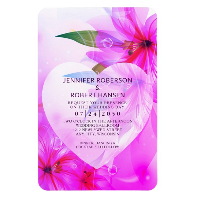 Purple Hibiscus Flowers Heart Dewdrops Wedding Magnet (Vertical)