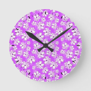 Purple Hibiscus Flowers Round Clock