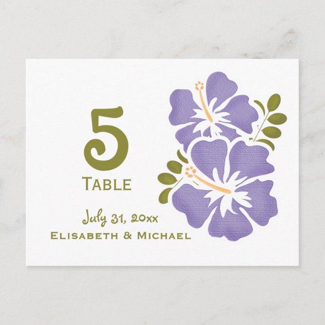 Purple Hibiscus Wedding Reception Table Number Car Postcard (Front)