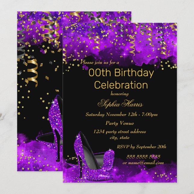 Purple High Heel Gold Black glitter Birthday party Invitation (Front/Back)