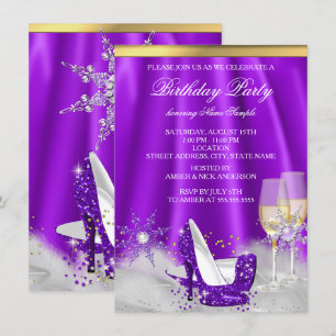 Purple High Heel Gold Champagne Snowflakes Party Invitation