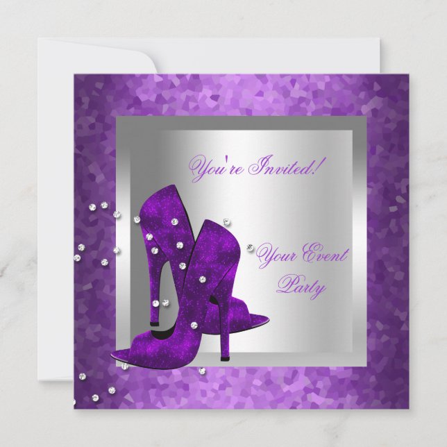 Purple High Heel Shoes Silver Event Party Invitation (Front)