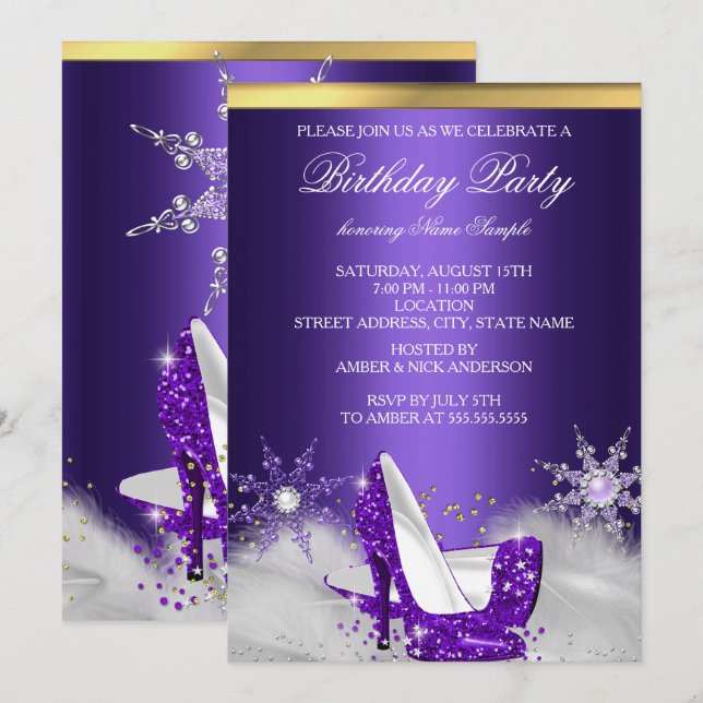 Purple High Heel Shoes Silver Gold Birthday Party Invitation (Front/Back)