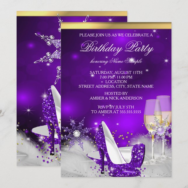 Purple High Heel Shoes Silver Gold Champagne Party Invitation (Front/Back)