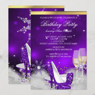 Purple High Heel Shoes Silver Gold Champagne Party Invitation