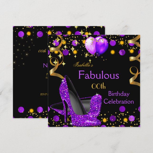 Purple High Heels Gold Balloons Birthday Party Invitation (Front/Back)