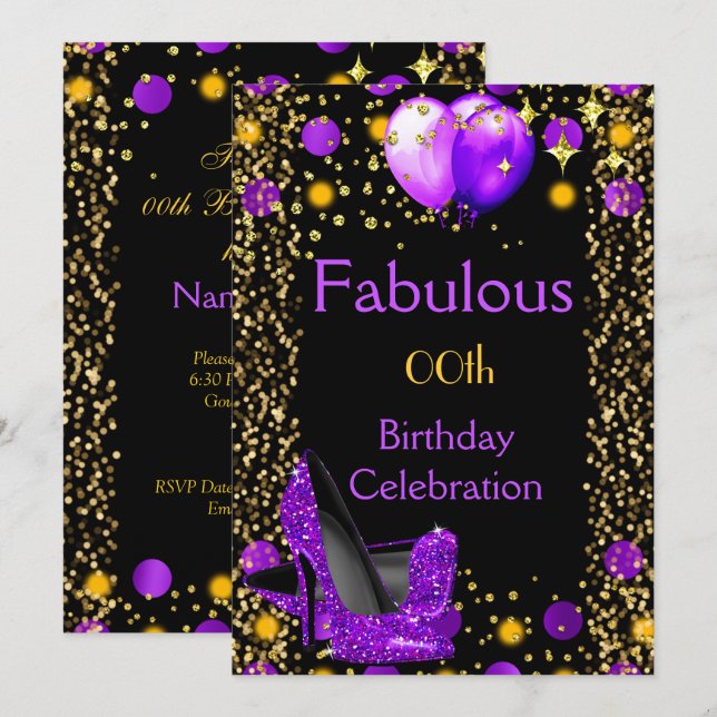 Purple High Heels Gold Balloons Birthday Party Invitation (Front/Back)