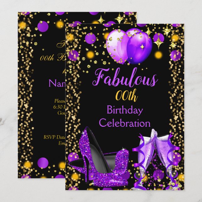 Purple High Heels Gold Balloons Champagne Party Invitation (Front/Back)
