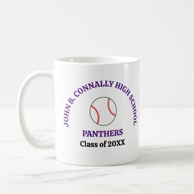 Purple High School Baseball Player Personalised Coffee Mug (Left)