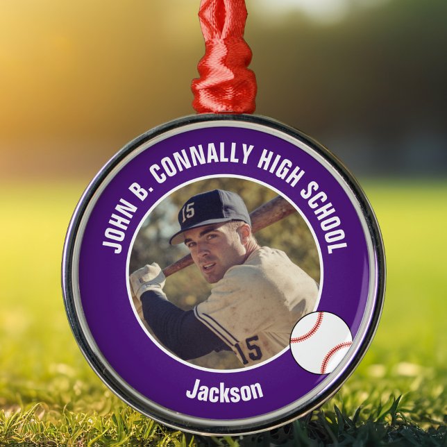 Purple High School Baseball Player Photo Christmas Metal Tree Decoration (Creator Uploaded)