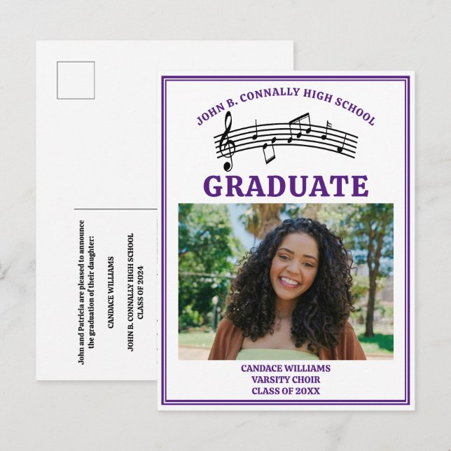 Purple High School Choir Photo Graduation Announcement Postcard (Front/Back)