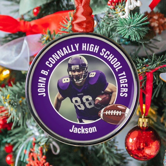 Purple High School Football Player Photo Christmas Metal Tree Decoration (Creator Uploaded)