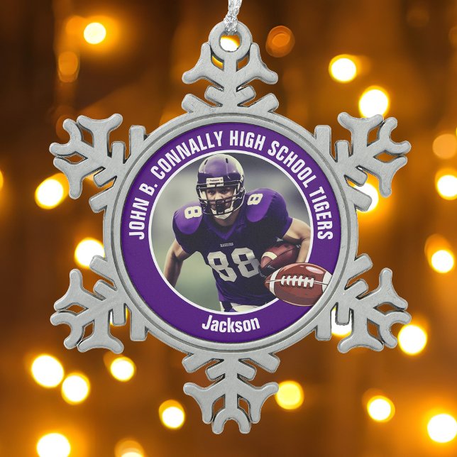 Purple High School Football Player Photo Custom Snowflake Pewter Christmas Ornament (Creator Uploaded)