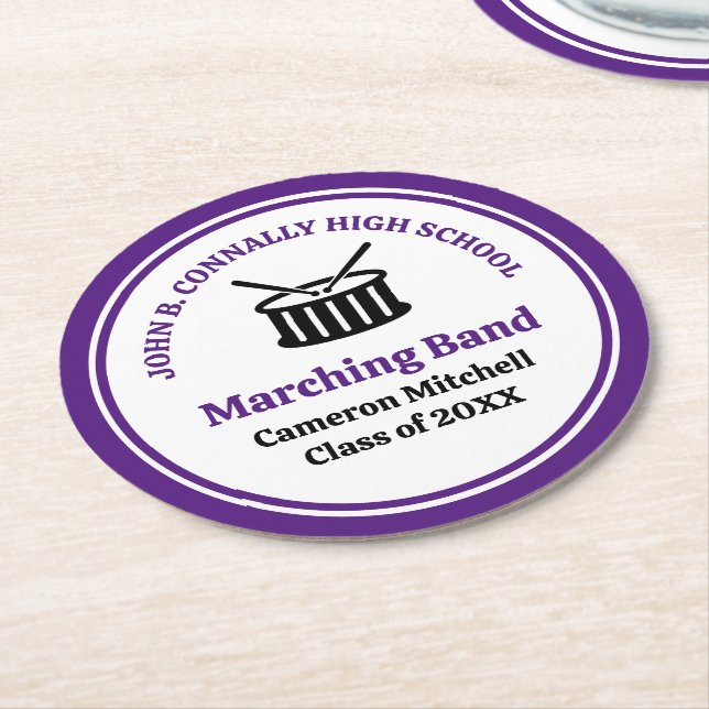 Purple High School Marching Band Graduation Party Round Paper Coaster (Angled)