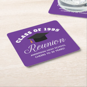 Purple High School Reunion Personalised Party Square Paper Coaster
