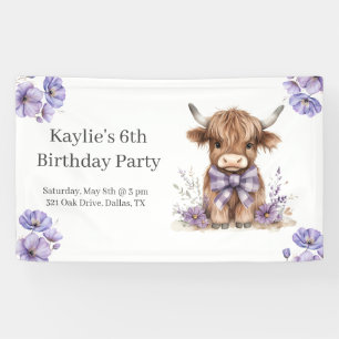 Purple Highland Cow Birthday Party Banner