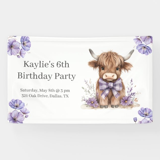 Purple Highland Cow Birthday Party Banner (Horizontal)