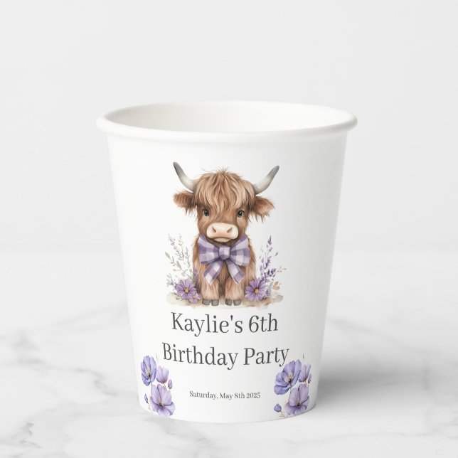Purple Highland Cow Birthday Party  Paper Cups (Front)