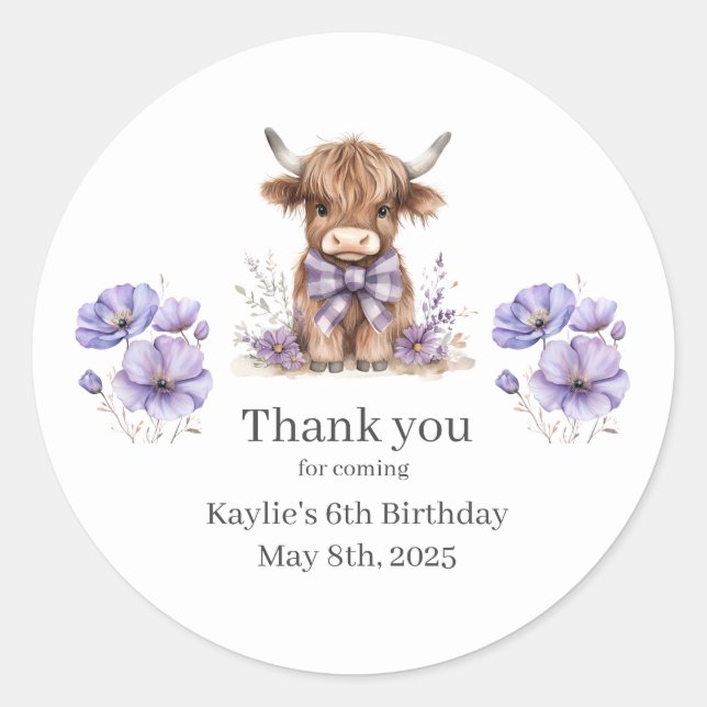 Purple Highland Cow Birthday Thank You Sticker (Front)