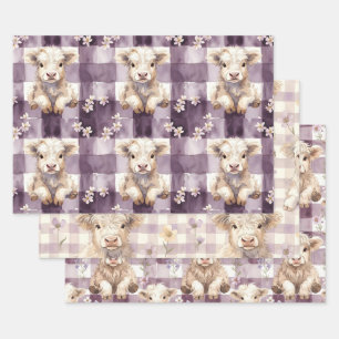 Purple Highland Cow Flowers Gingham Checkered Wrapping Paper Sheet