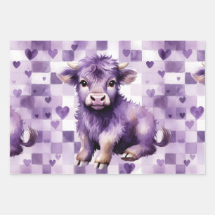 Purple Highland Cow Gingham Aesthetic Wrapping Paper Sheet