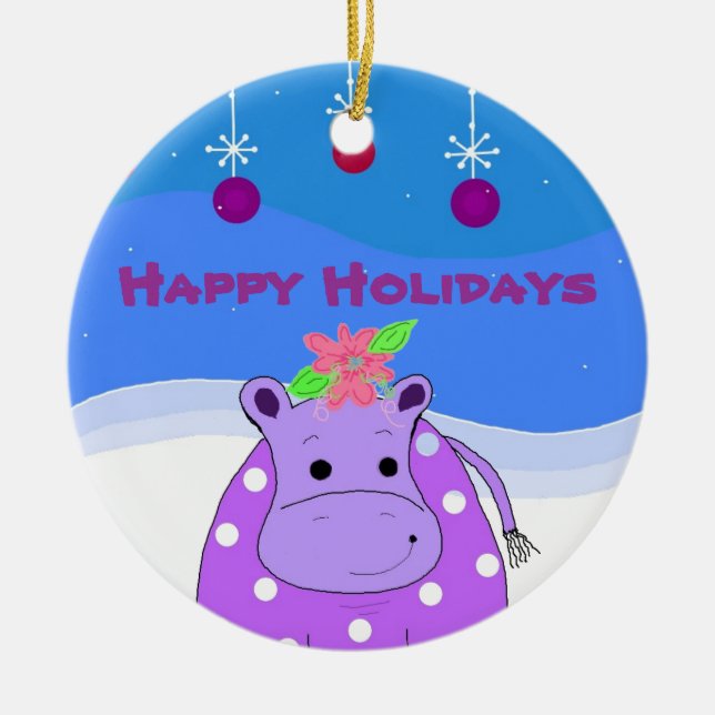 Purple Hippo and Christmas Ornaments (Front)