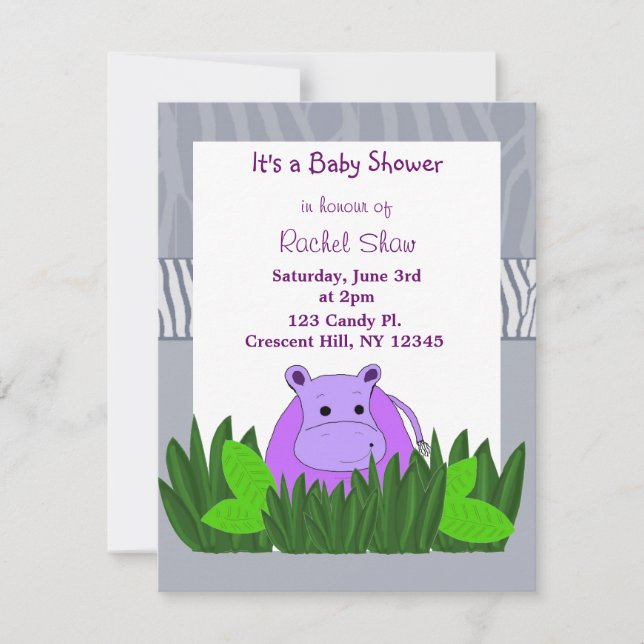 Purple Hippo Baby Shower Invitation (Front)