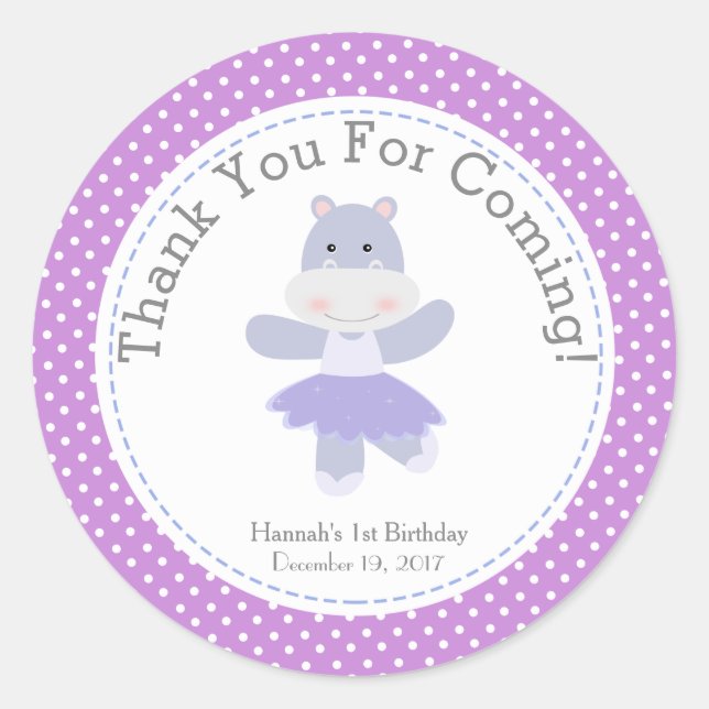 Purple Hippo Ballerina Birthday Party Thank You Classic Round Sticker (Front)
