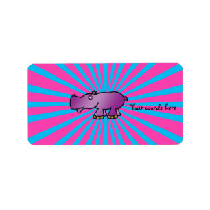 Purple hippo on pink sunburst label