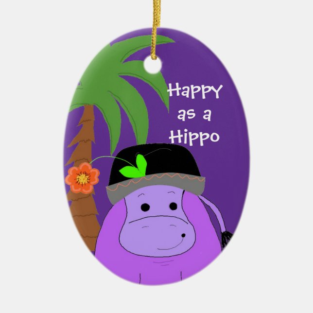 Purple Hippopotamus with a Palm Tree Ceramic Tree Decoration (Front)