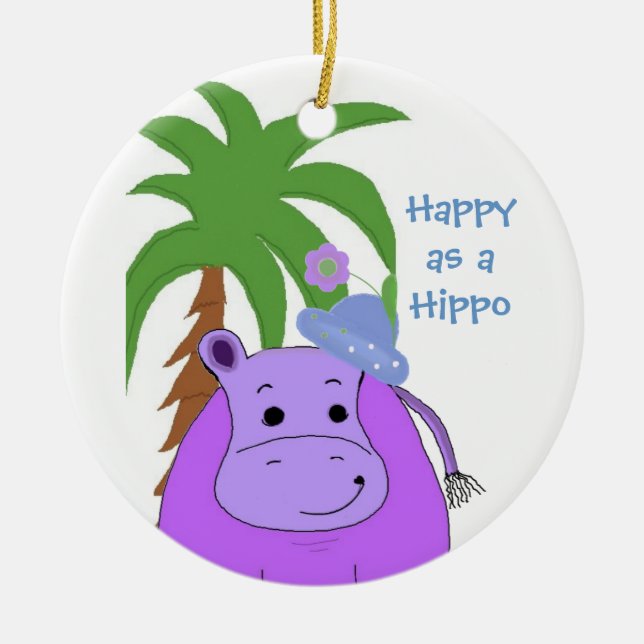 Purple Hippopotamus with a Palm Tree Ceramic Tree Decoration (Front)
