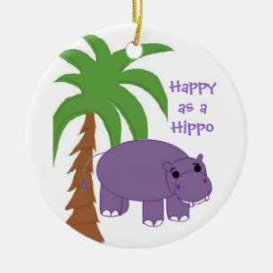 Purple Hippopotamus with a Palm Tree Ceramic Tree Decoration