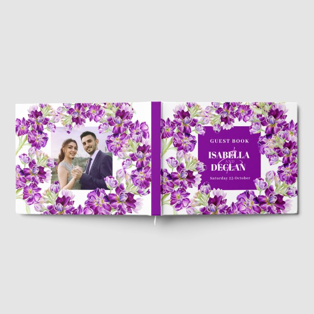 Purple hoary stock gilly flowers wedding photo guest book (Full)
