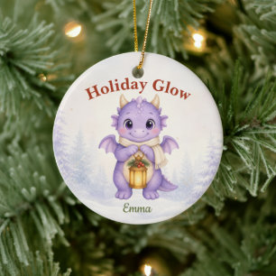 Purple Holiday Glow Personalised Christmas Dragon Ceramic Tree Decoration