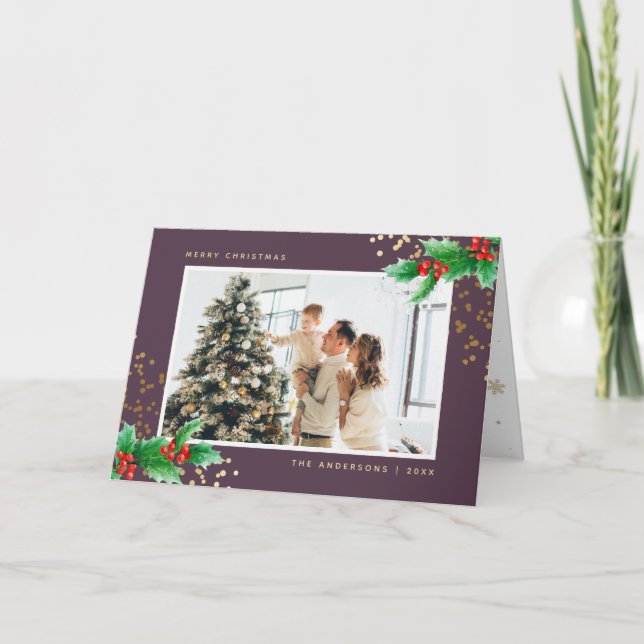 Purple Holly Berries Photo Merry Christmas Card (Front)