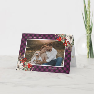 Purple Holly Berries Poinsettia Photo Christmas Card